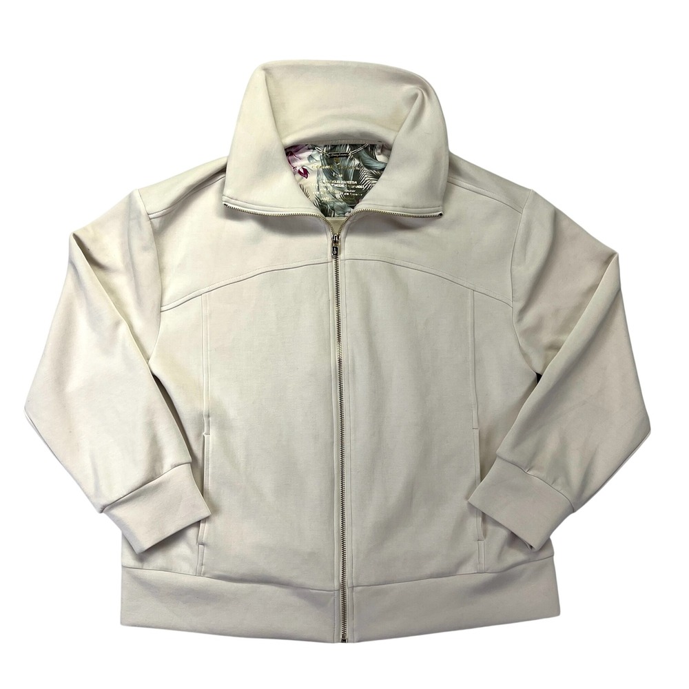 Tommy Bahama Full Zip Jacket Womens Large Cream Coastal Floral Trim Funnel Neck